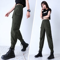 Military green workwear pants female summer display slim height waist spring and autumn slim fit foot pants loose and casual bunch foot pants dines