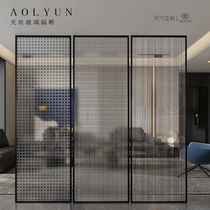 Wired tempered glass entrance screen bathroom partition double-layer laminated art glass sliding door customization