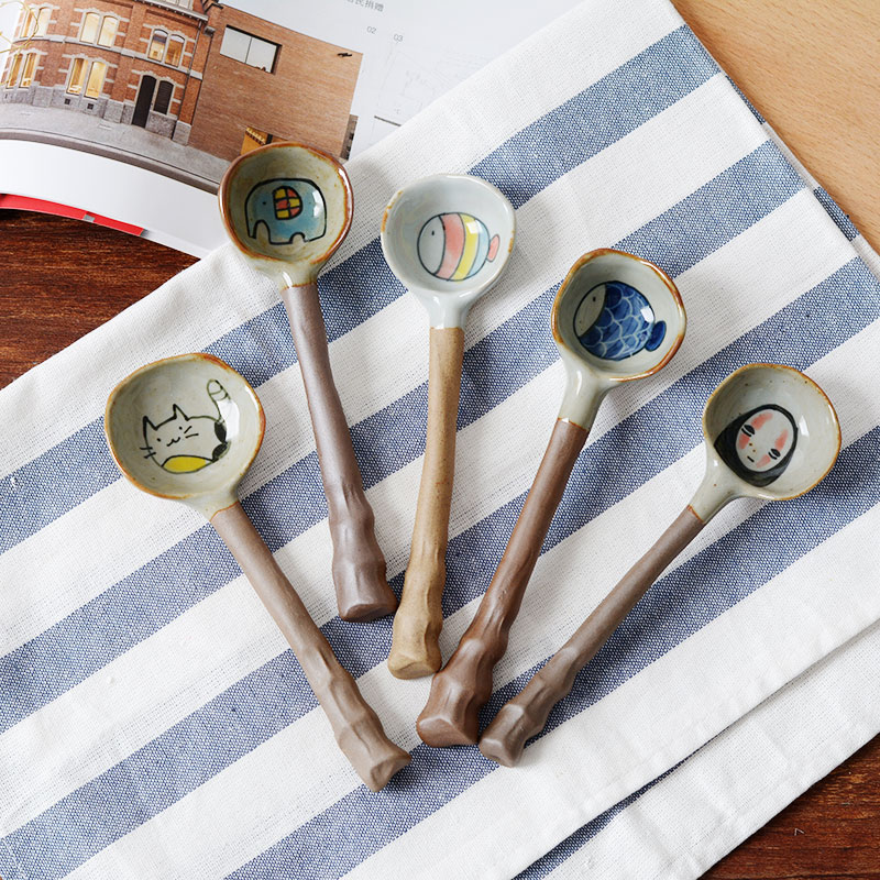 Handmade ceramic spoon creative cartoon tungsten spoon Japanese cute long handle spice spoon student personality home drink soup spoon