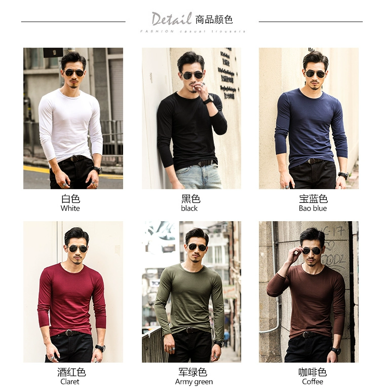 Phiên bản Hàn Quốc của áo thun nam tay dài nhỏ tay ra khỏi cơ thể cotton chạm đáy quần áo mùa thu đất thấp shirt Áo sơ mi nhỏ màu máu mùa xuân