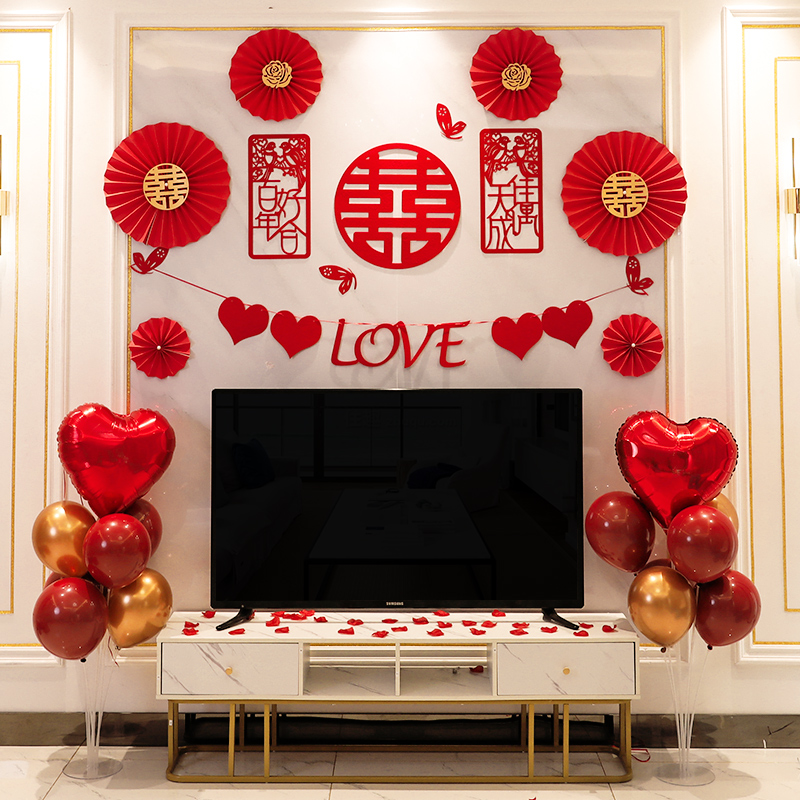 Wedding room decoration Wedding ceremony New room living room background wall scene decoration TV flower set wedding supplies