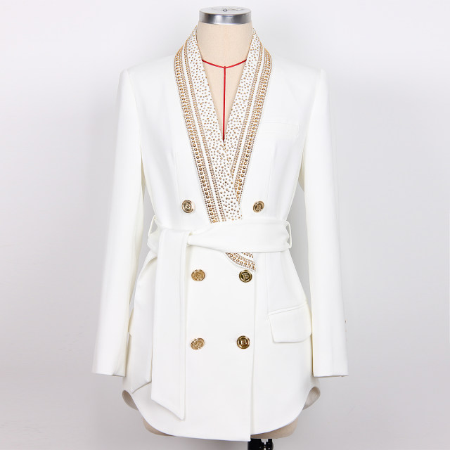 2023 spring and autumn fashion new hot metal sheet belt shawl collar mid-length quality women's suit jacket