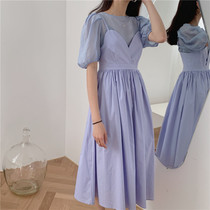 Autumn V-collar sling bubble sleeve dress two-piece set new high waist Hepburn style skirt can salt sweet women