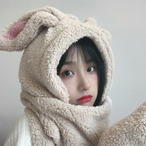 Winter girl thickened rabbit ear three-piece scarf hat glove one warm Lei Feng hat student best friend