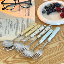 Korea ins cream-colored goose cow sheep cute cartoon stainless steel ceramic handle fork spoon set tableware
