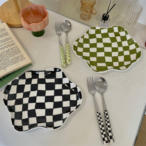 ins style checkerboard niche retro irregular ceramic plate dessert plate salad plate breakfast plate household dish plate