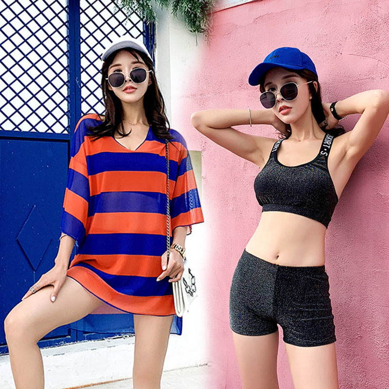 Swimsuit women's two-piece three-piece set of sports models loose belly stripes thin students plus fat size fat mm hot spring