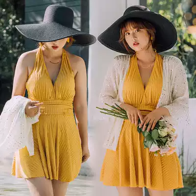 Swimsuit women's one-piece large size fat mm200 kg sexy steel chest cover belly thin conservative skirt long-sleeved blouse hot spring