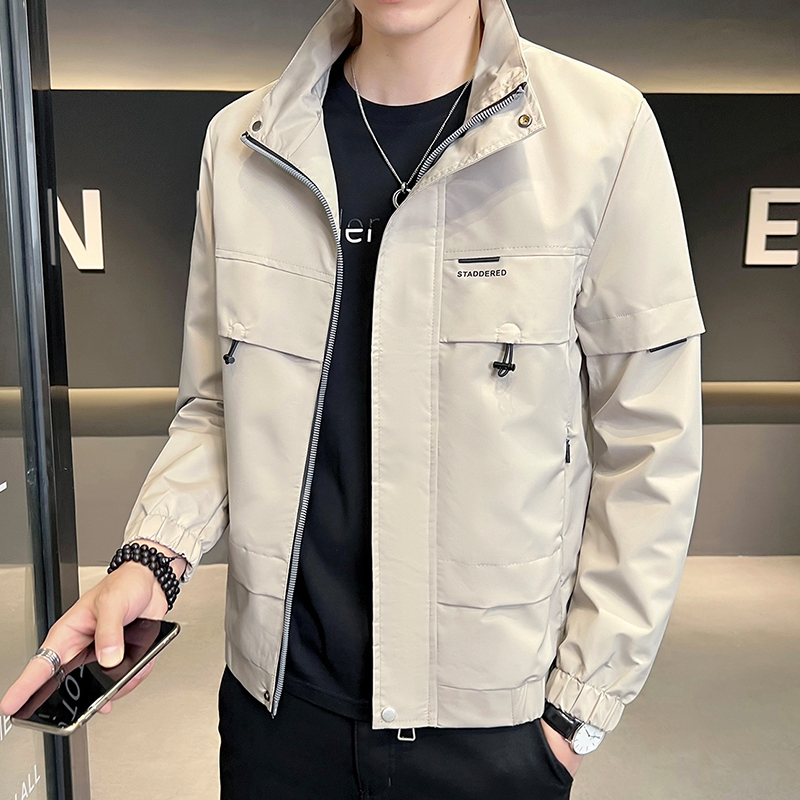 Men's Jacket Autumn Korean Style Trendy Casual Stand Collar Workwear Jacket Versatile Stylish Thin Outerwear for Men Spring and Autumn