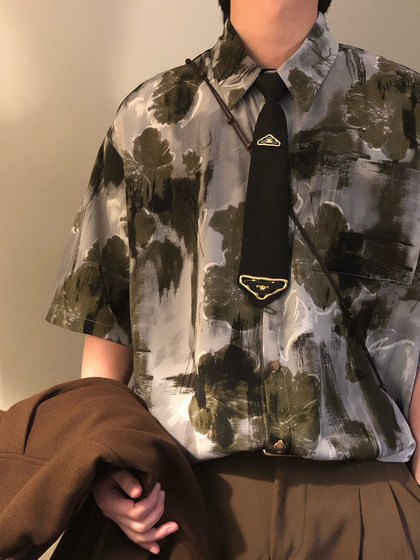 Nagawl夏季美式复古休闲水墨晕染艺术感港风短袖花衬衫上衣男女潮