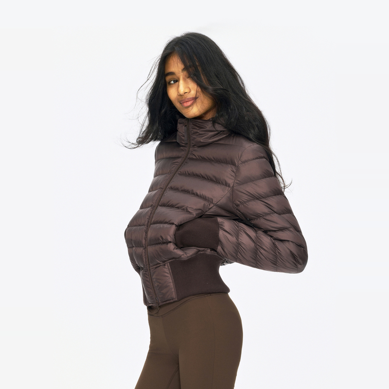 Ra Everyday Classic High-Waisted Detachable Hooded Ribbed down Jacket in Dark Coffee/Snow White/Black Ra Everyday Classic High-Waisted Detachable Hooded Ribbed down Jacket in Dark Coffee/Snow White/Black