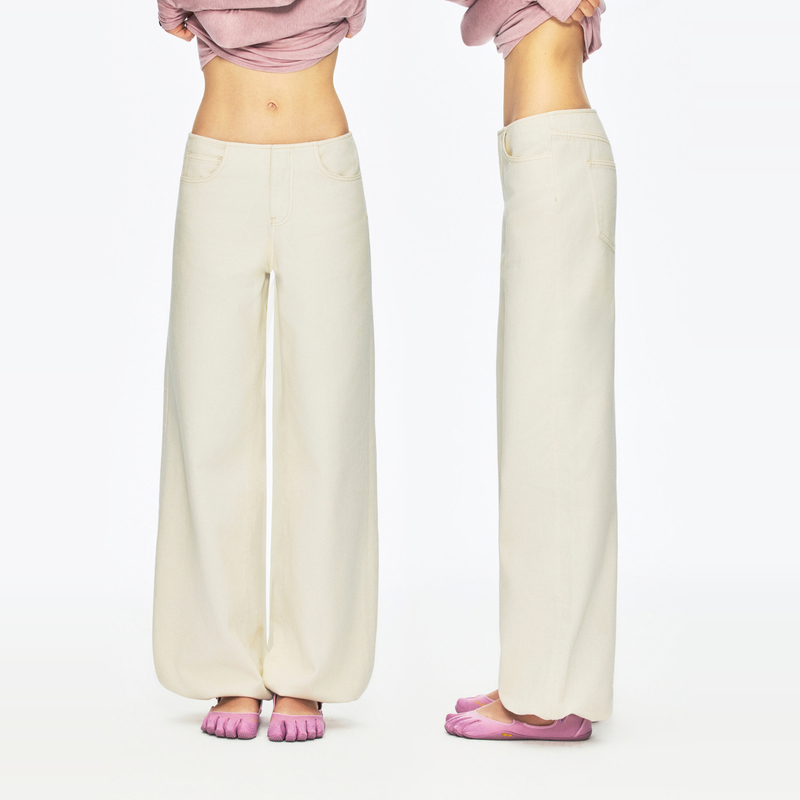 Ra Everyday "Salon Pants" Fleece-Lined Loose Jeans Without Waistband, Off-White Ra Everyday "Salon Pants" Fleece-Lined Loose Jeans Without Waistband, Off-White