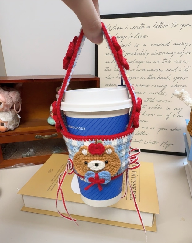Finished Crochet Cute Checkerboard Bear Coffee Cup Sleeve, Gift for Friends and Besties Finished Crochet Cute Checkerboard Bear Coffee Cup Sleeve, Gift for Friends and Besties