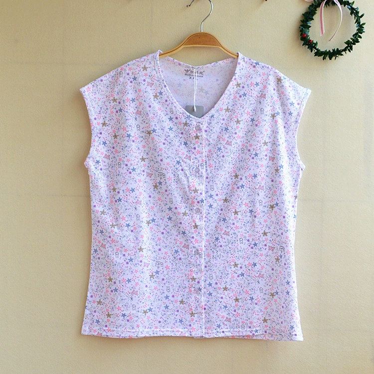Áo len cotton nữ tay ngắn tay trung niên áo vest hở cổ cho mẹ bầu size lớn để mở đồ lót