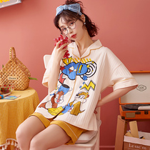 Short-sleeved shorts pajamas womens summer cotton two-piece squirrel Korean version cute cartoon girl lapel home dress