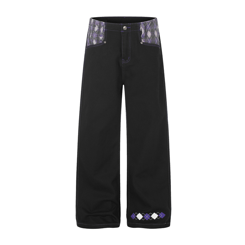 Joinboy Jeans American-Style Purple Diamond-Shaped Patchwork Denim Straight-Leg Trendy Casual Wide-Leg Pants