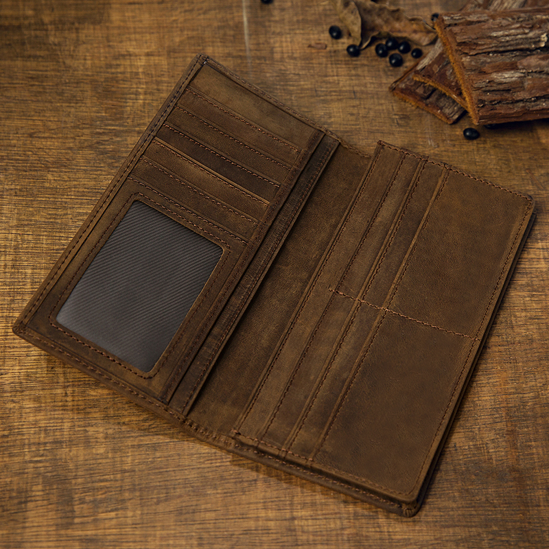 Handmade genuine leather men's wallet ultra-thin long version cow leather multi-clamping leather clamp two-fold crazy mappie minimalist retro men's bag