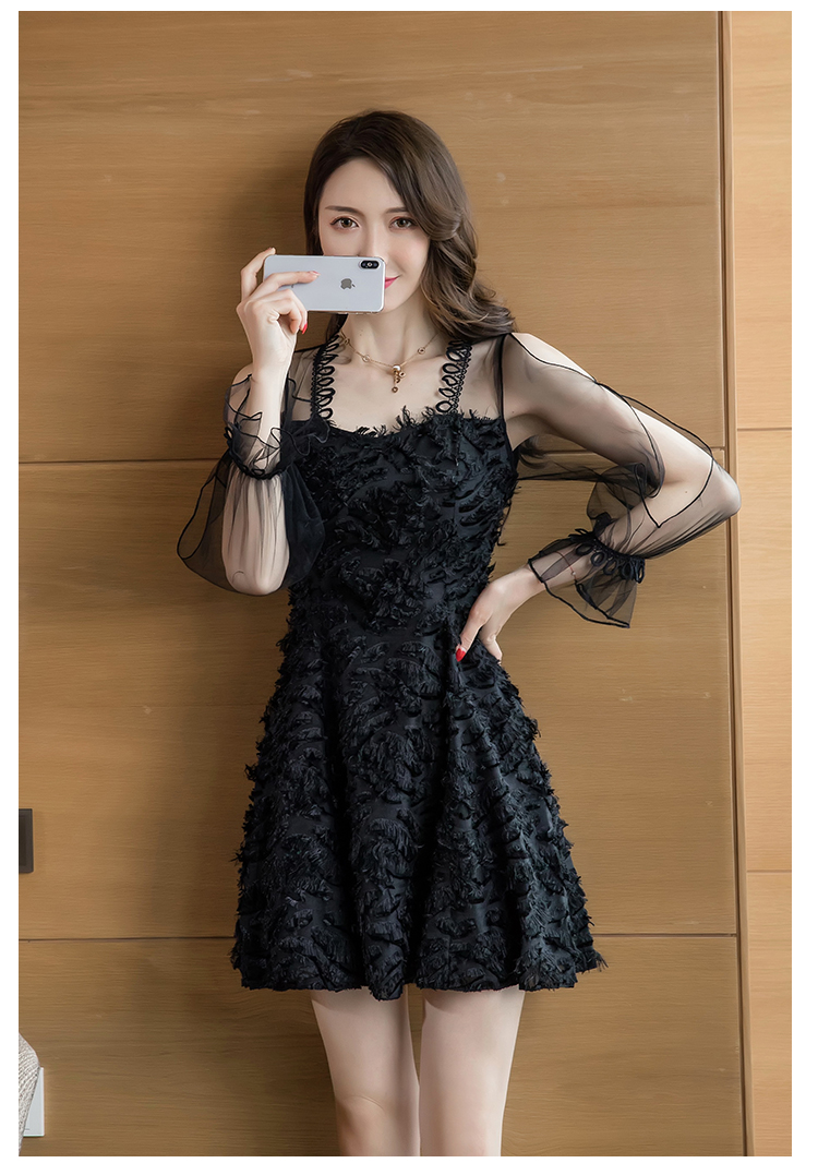 VK旗艦店 韓國風方領透視網紗亮片流蘇顯瘦長袖洋裝