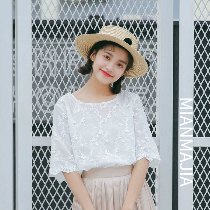 Váy mới mùa hè 2021 áo sơ mi hoa nhỏ tươi mát phụ nữ áo sơ mi voan nửa tay áo ren áo sơ mi nhỏ xu hướng phụ nữ - Áo sơ mi chiffon ren