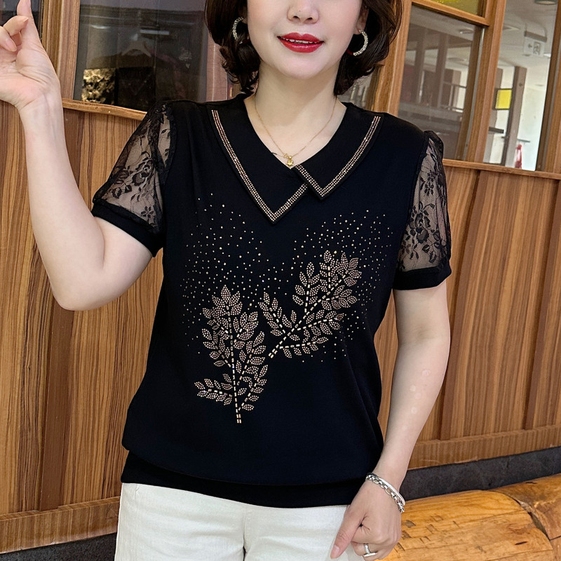 Summer New Fashion Stylish Lapel Short-Sleeve Rhinestone T-Shirt for Women, Slimming and Age-Reducing, Loose Lace Top for Moms Summer New Fashion Stylish Lapel Short-Sleeve Rhinestone T-Shirt for Women, Slimming and Age-Reducing, Loose Lace Top for Moms