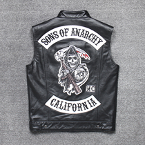 Club leather vest mens stand collar head cowhide Street locomotive leather clothing team riding leather vest men