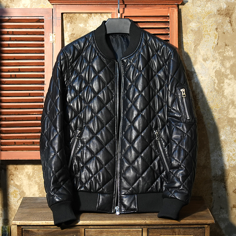 Winter Slim-Fit Baseball Jacket Genuine Leather Men's Imported Top-Layer Sheepskin Fashion Padded Jacket Coat