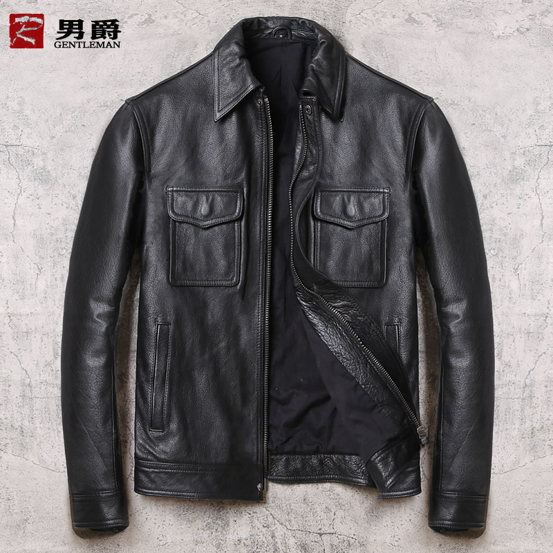 Men's First Layer Cowhide Casual Leather Jacket Slim Short Lapel Leather Jacket Spring and Autumn Men's Jacket Special Men's