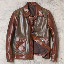 American vintage leather denim leather jacket heavy batik head cowhide locomotive single-breasted mens jacket