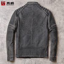 Leather leather mens vintage old Harley locomotive clothing thick top layer cowhide Korean version of stand collar slim jacket