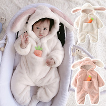 Baby winter plush plush climb clothes 369 months baby girl thickened rabbit ear connected clothes men