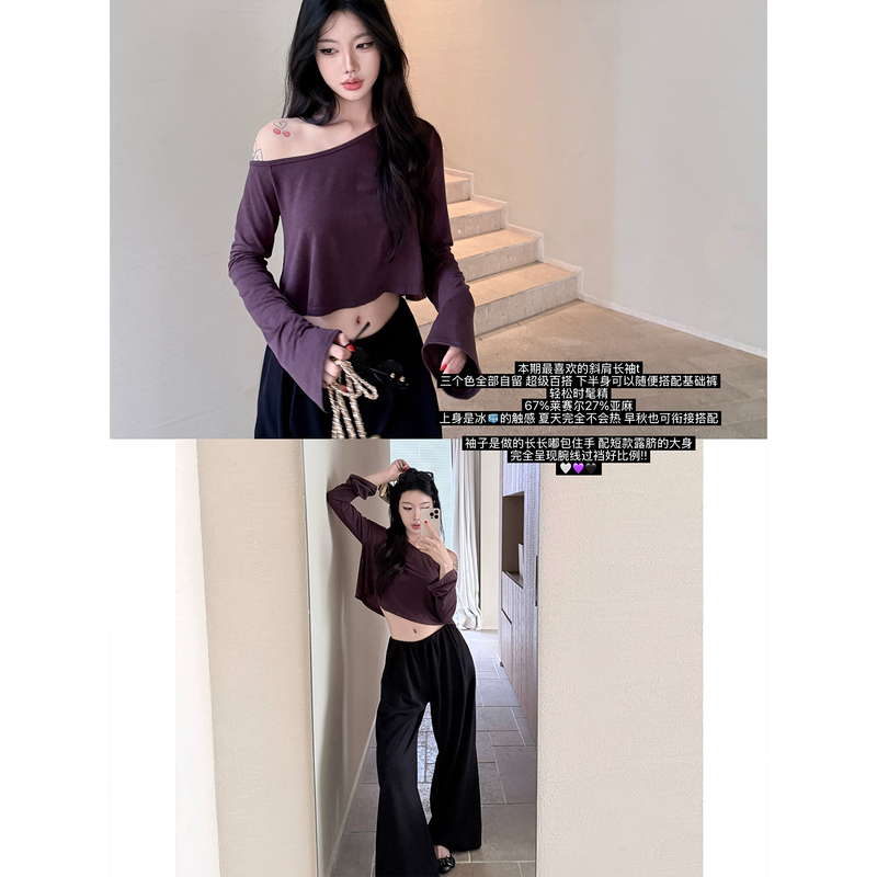 Laareetoo Lyocell Linen Three-Color Asymmetrical Shoulder Long-Sleeve T-Shirt for Women, Summer Short Top, Slimming and Versatile Laareetoo Lyocell Linen Three-Color Asymmetrical Shoulder Long-Sleeve T-Shirt for Women, Summer Short Top, Slimming and Versatile