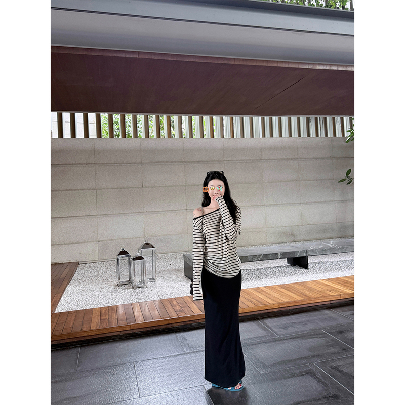 Laareetoo 100% Lyocell Striped Asymmetrical Long Sleeve T-Shirt for Women, Summer Design Top, Slimming and Versatile