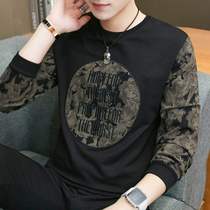 Tide-card round collar necropolis Male fit straight drum trendy long sleeve T-shirt English embroidered undershirt Korean version of blouses