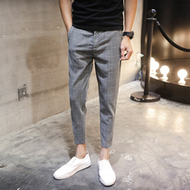 Korean version plaid 90% pants for men trendy slim fit small feet long pants straight cylinder 100 hitch casual western dress pants summer