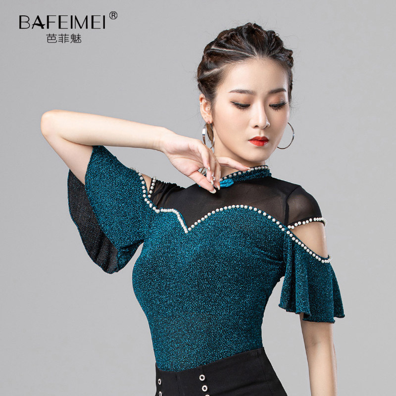 Latin dance 2022 new top women's summer modern waltz national standard dance stand collar beaded lotus leaf sleeve practice clothes