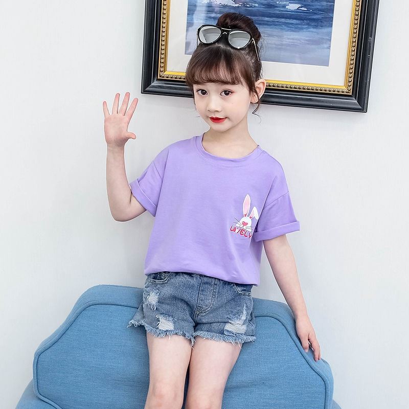 Purple Short-sleeved Girls ' Clothing Korean version T-shirt Foreign school summer Children loose fashion base shirt Round neck Children