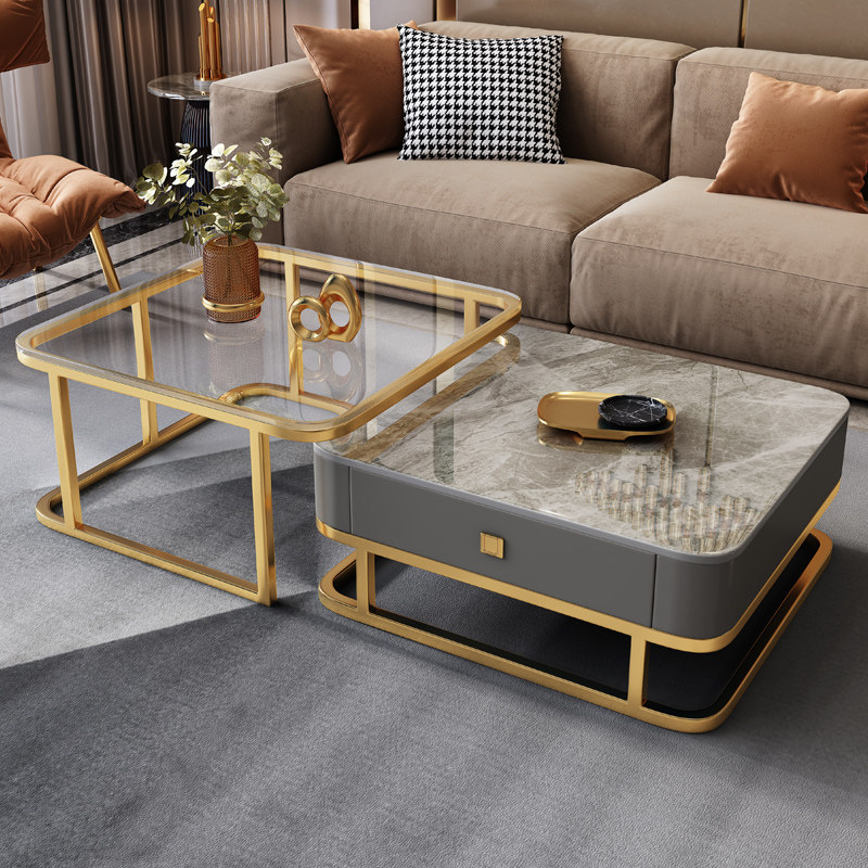 Light extravagant square rock plate tea table modern minimalist small family room with telescopic tempered glass size tea table combination