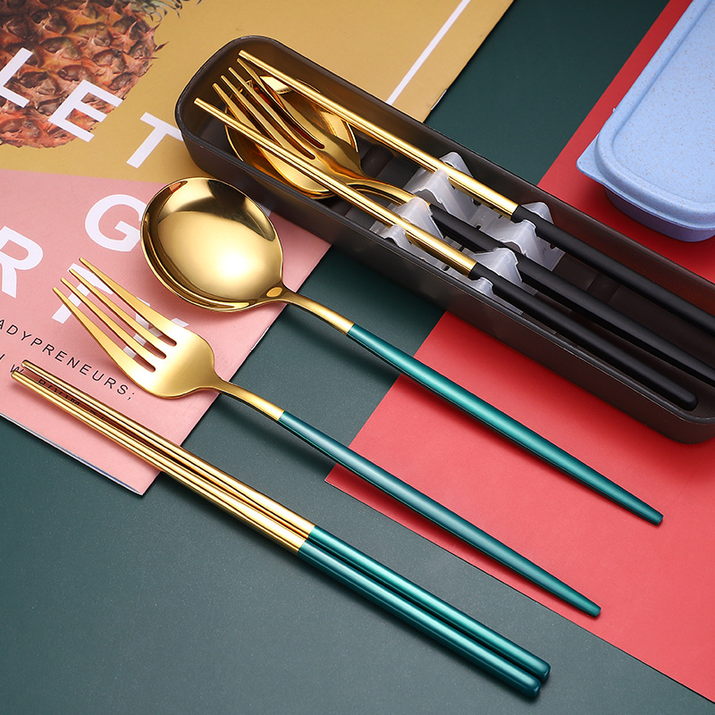 Spoon chopsticks set Stainless steel spoon fork chopsticks Three-piece set Net red ins student dormitory tableware convenient storage