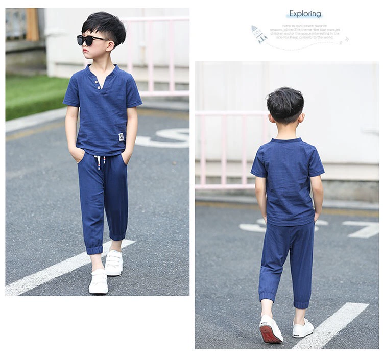 Quần áo trẻ em cậu bé mùa hè phù hợp với 2018 trẻ em mới của mùa hè trẻ em quần áo trẻ em lớn bông và vải lanh ngắn tay áo hai mảnh Hàn Quốc phiên bản