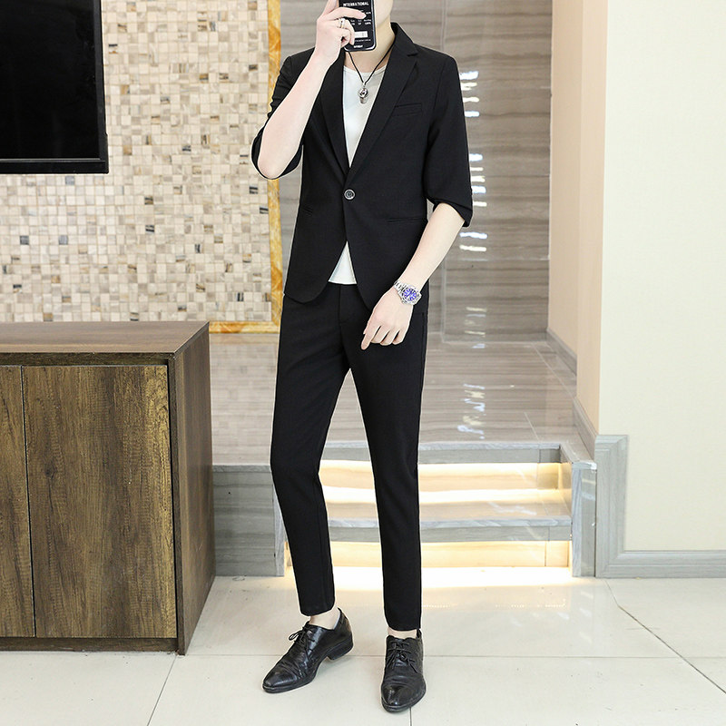 夏装男韩版修身纯色中袖西装两件套中袖西服