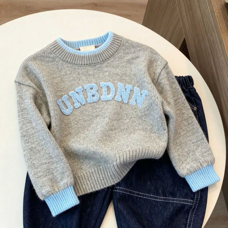 Korean Style Handsome Boys' Letter Jacquard Sweater Pullover 2026 Autumn and Winter New Children's Girls' Color-Blocking Knitwear Korean Style Handsome Boys' Letter Jacquard Sweater Pullover 2026 Autumn and Winter New Children's Girls' Color-Blocking Knitwear