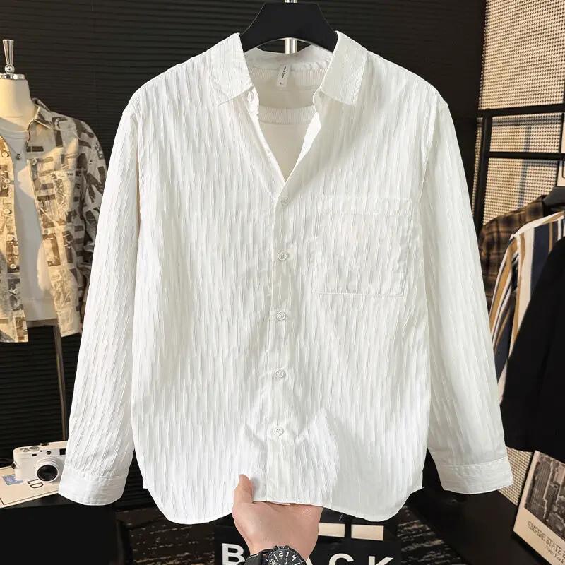 Light and Mature Style Bubble Gauze Men's Wrinkle-Resistant Casual Shirt, Summer Loose-Fitting High-End Ice Silk Sun-Protective Long-Sleeve Shirt, Trendy