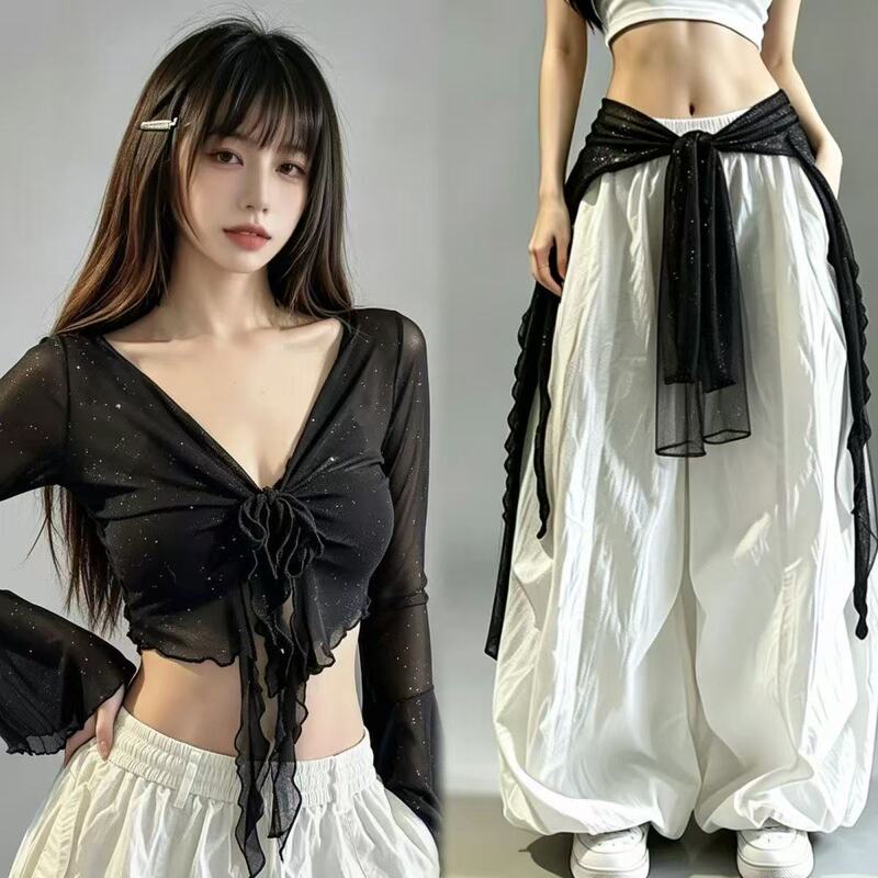 New Style Jazz Dance Tulle Long-Sleeve Top Street Dance Trendy Brand with Glitter, Tie-Up Slimming Cover-Up T-Shirt Dual-Use Waist Wrap