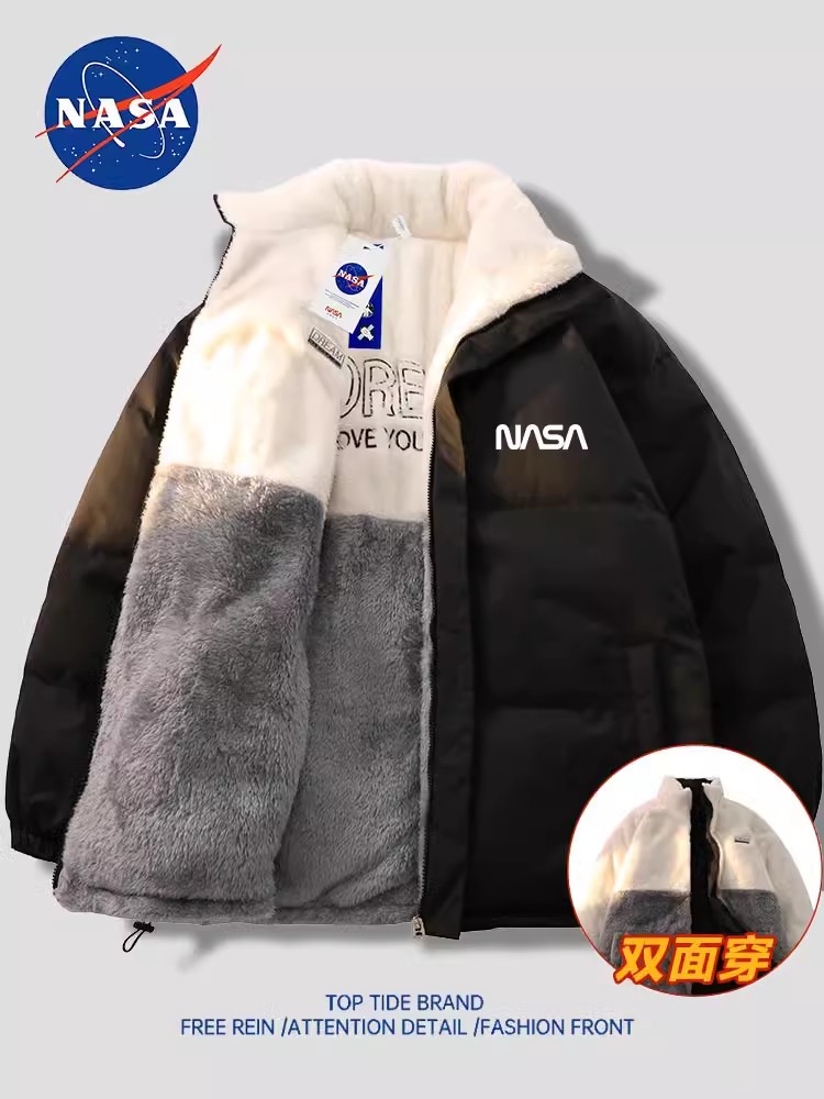 NASA double sided wearing down cotton clothes men's winter American lamb wool lovers jacket thickened warm embroidery cotton clothes-Taobao