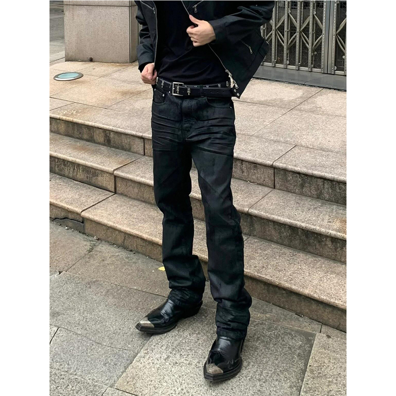 Dark Style Three-Dimensional Black Rubber Coating Waxed Wrinkle Micro-Stretch Slim Fit Flared Mid-High Waist Men's Trendy Brand Jeans