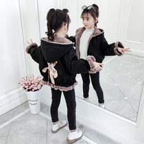 Girls autumn and winter clothes plus velvet jacket 2021 new children Foreign style little girl hooded PU leather jacket 8 jacket 9 thick