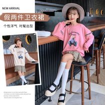 Girl Long Sleeve Dress Dress 2021 New Spring Autumn Ocean Children Girl Little Bear Sweatshirt Fake Two Plaid Dresses