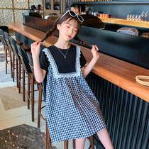 Girls dress for dress and summer clothes for children princess dresses foreign air mesh red short sleeves big boy girl summer cotton fabric plaid dress