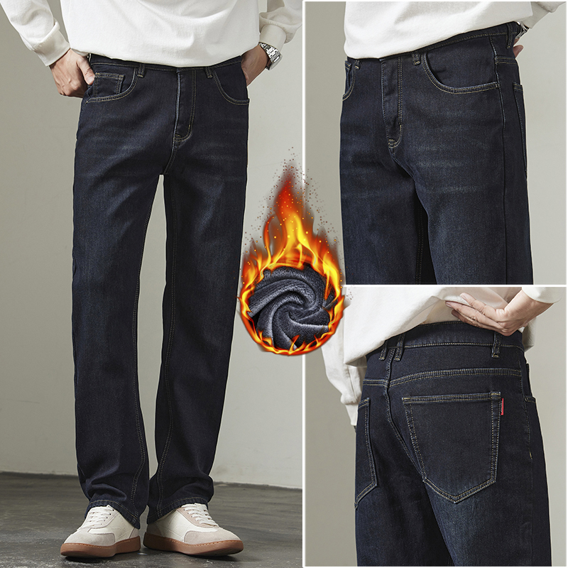 Warm and Cozy! Fleece-Lined and Thickened! Exported Jeans with Cut Tags, Men's Straight Loose-Fit Long Pants, Big Brand Autumn/Winter Style