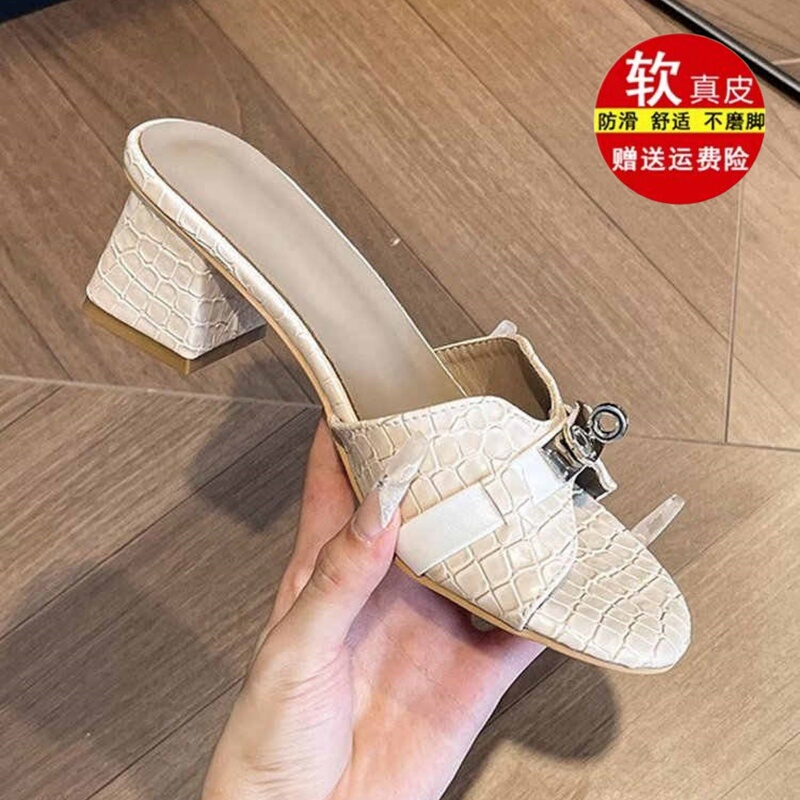 Shopping Mall Same Style Genuine Leather Crocodile Pattern High-Heeled Sandals for Women, Summer Open-Toe Small Gold Buckle Chunky Heel Sandals, White